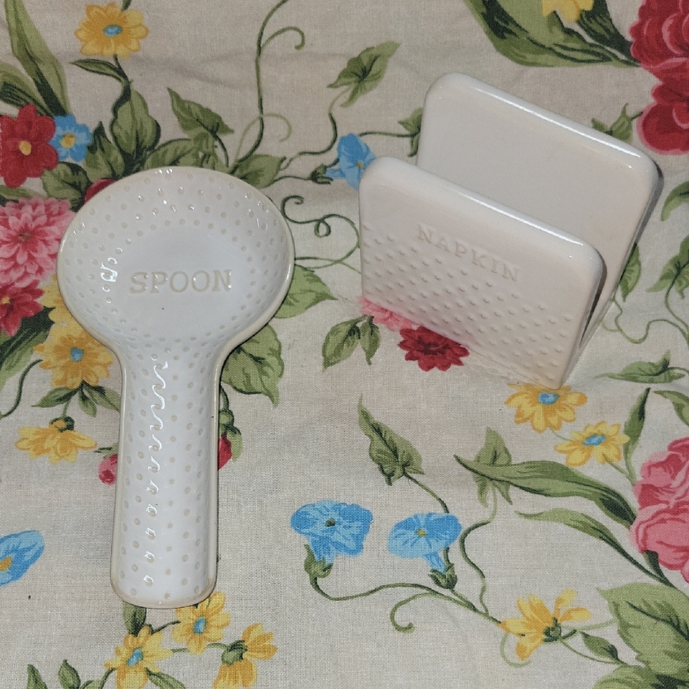 White Ceramic Spoon and Napkin Holder Set Better Homes And Garden